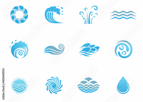 Vector  collection of twelve stylized blue water themed icons depicting waves splashes and water droplets design