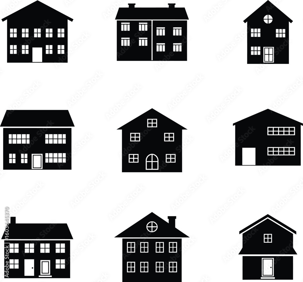 Fototapeta premium Diverse collection of modern and classic house silhouettes offering architectural variety for your designs