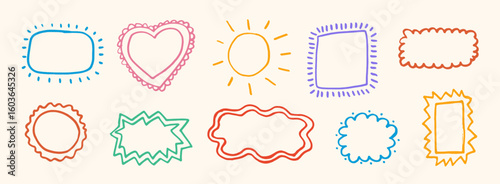 Set of frames with wavy edges. Ornaments, patterns. Doodle, cute retro borders, frames. Design for card, invitation, cover, packaging. La dolce vita style. Sticker. Quote box. Logo. 