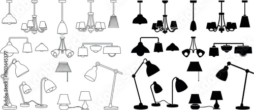 Illustration of various lamp designs in black and white including chandeliers and desk lamps