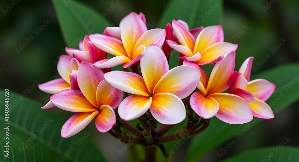 Fototapeta premium A cluster of vibrant plumeria flowers, showcasing a blend of pink, white, and yellow hues, surrounded by lush green leaves.