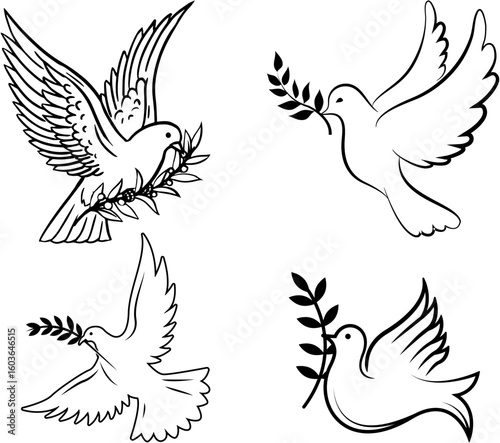 Flying Doves of Peace: A collection of graceful doves, each bearing an olive branch, soars with effortless elegance. They embody the timeless message of peace, hope.