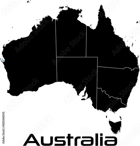 Australia Map: An illustrative silhouette of the Australian continent, cleanly and sharply delineated with its states, providing a striking visual representation of the nation.