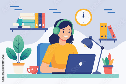 Woman working on laptop with headphones and desk lamp vector