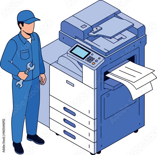 Illustration of a technician in blue uniform holding a wrench next to a large office printer machine