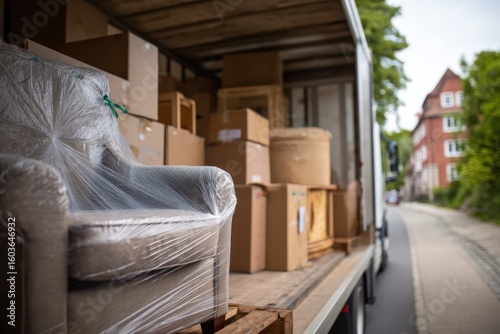A moving truck loaded with boxes and wrapped furniture is parked on a residential street, ready for transportation