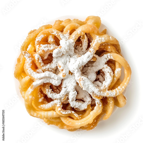 Golden funnel cake topped with powdered sugar, presented on a white background.