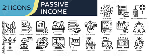 Collection of Passive Income icons, related to market growth, financial report, vending, annuities, referral and more. Outline icons vector illustation.
