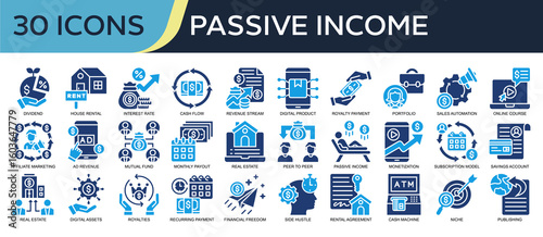 Collection of Passive Income icons, related to cash flow, revenue stream, mutual funds, royalties, financial freedom and more. Solid icons vector illustation.