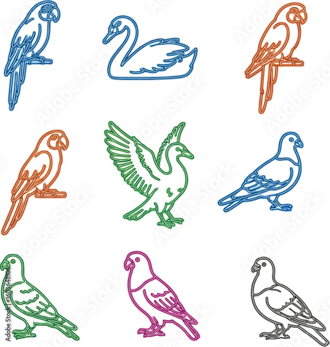 Vibrant collection of stylized birds including parrots, a swan, and pigeons in colorful outline designs