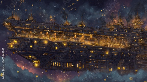 Fototapeta Naklejka Na Ścianę i Meble -  Golden, steampunk spaceship, flying through starry night