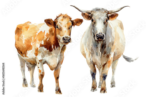 Two beautiful cows, watercolor style.