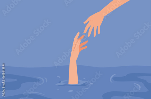 Person in Danger of Drowning Receiving Help Vector Illustration. Lifeguard saving the life or a person submerged underwater