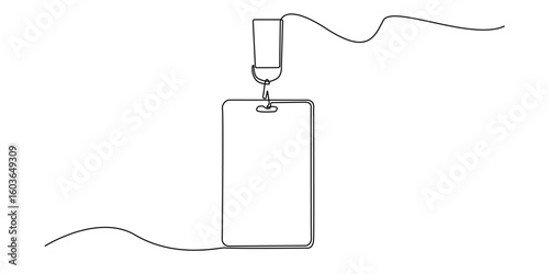 Minimalist continuous line drawing of a blank ID card hanging from a lanyard. Simple vector design representing identification, business access, employee badge, or conference credentials.