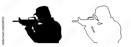 A soldier person wearing a ski mask holding a handgun, silhouette, monochrome, low key lighting, minimalist, line art

