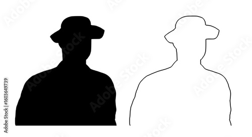cowboy silhouette, man with cowboy hat, portrait of cowboy figure, black and white illustration of cowboy
