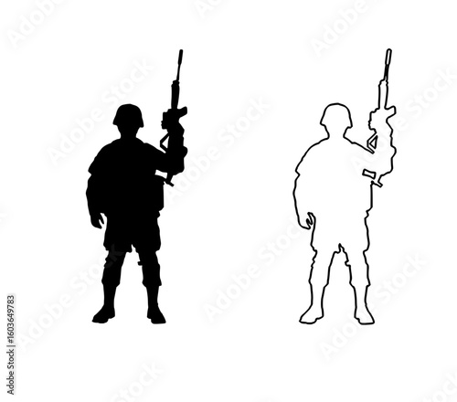 Two figures of soldiers stand side-by-side against a white background. The left figure is a solid black silhouette, while the right is a white outline. Each soldier holds a rifle upright.