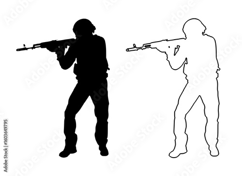 black silhouette of a person holding a weapon,a white outline of a person holding a weapon AK 47
