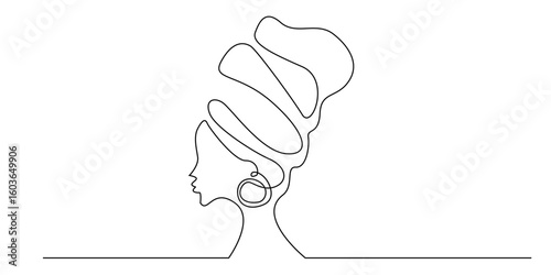 Continuous line drawing of a woman in profile wearing a turban and hoop earring. Minimalist illustration representing elegance, identity, beauty, and cultural expression