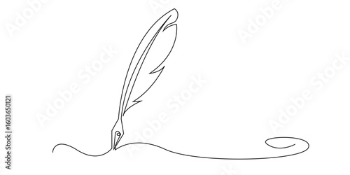Continuous line drawing of a classic feather quill pen writing on paper. Minimalist illustration symbolizing creativity, literature, poetry, writing, and historical communication