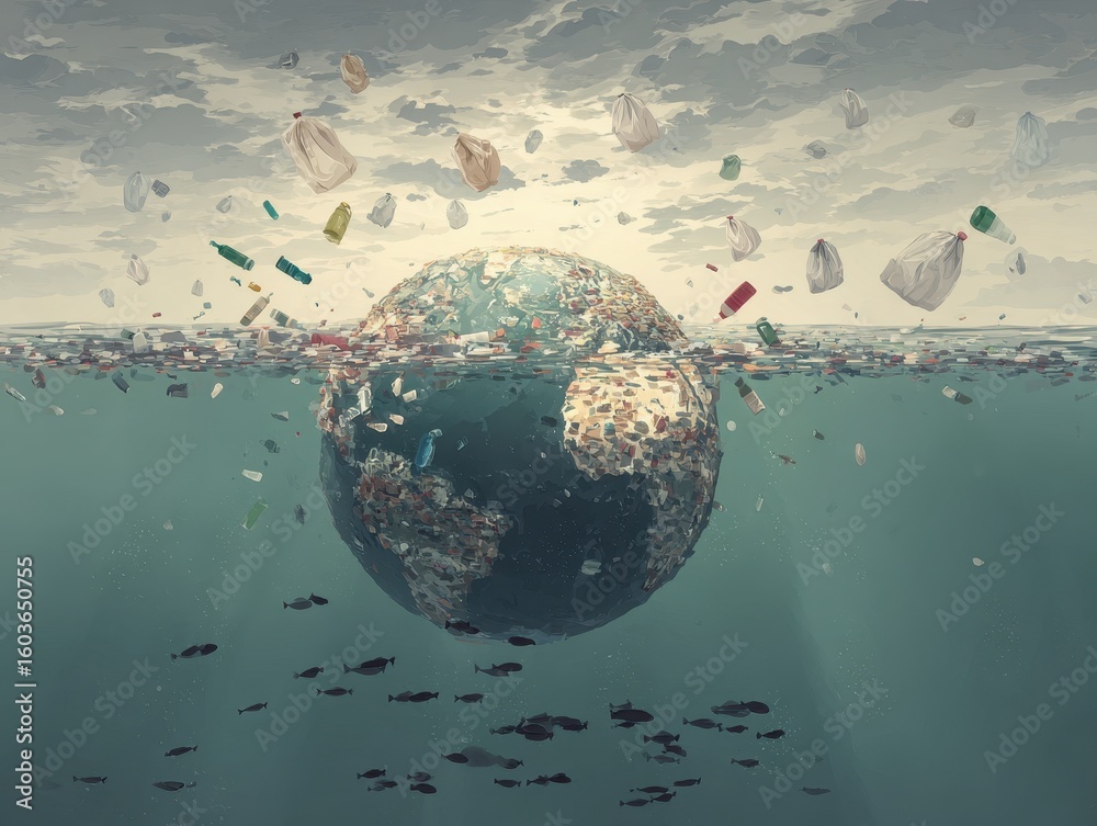 Fototapeta premium Earth sinking beneath a deluge of plastic waste