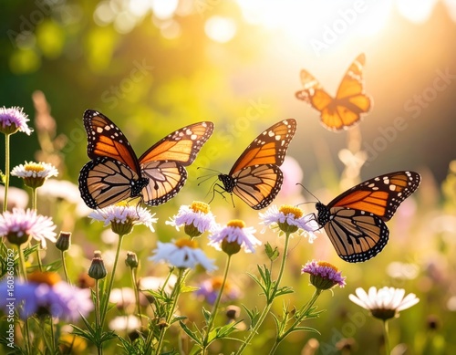 Monarch butterflies flit amongst wildflowers in a sunlit meadow