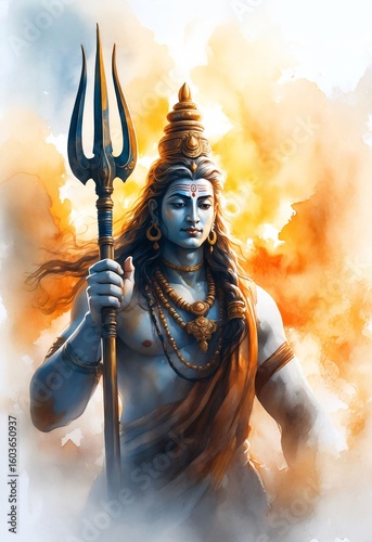 Watercolor Illustration of Lord Shiva for Maha Shivratri – Hindu Festival Greeting Card and Spiritual Shaivism Concept.

