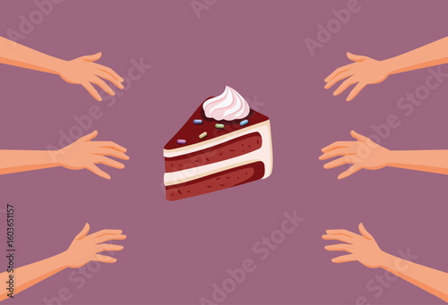Greedy Gourmand Family Reaching for Last Piece of Cake Vector. Selfish people trying to get the dessert for themselves at a party 
