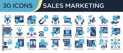 Collection of Sales Marketing icons, related to sales funnel, marketing strategy, target audience, digital advertising, sales growth and more. Solid icons vector illustation.