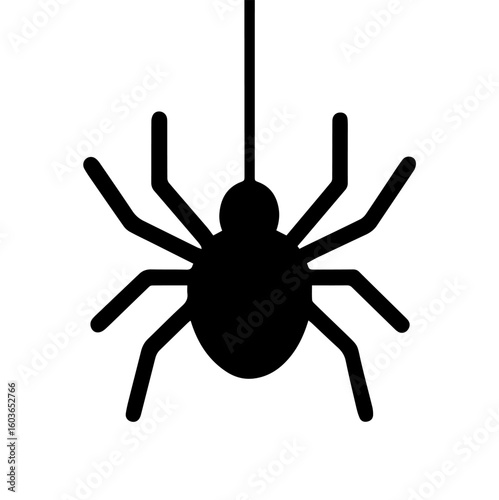 A minimalist flat icon of a black spider hanging on a single thread of web. Clean and bold shape ideal for spooky yet simple design needs.