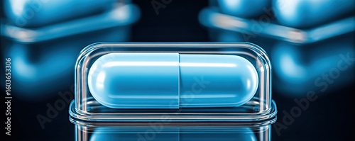 Single blue capsule pill enclosed in a transparent gel case with other pills out of focus in the blue background