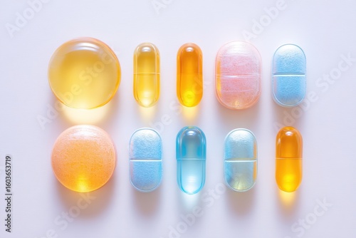 Variety of colorful translucent capsules and pills arranged on a plain white surface including round and oval shapes