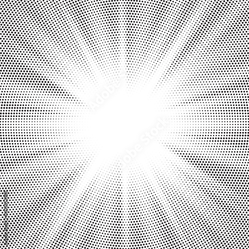 Sun rays Radial halftone background. Greyscale radial abstract comic pattern. Vector explosion abstract lines texture.  Vector illustration.