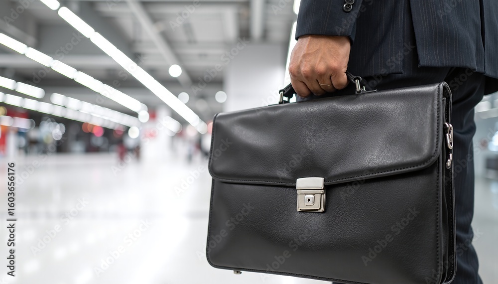 Fototapeta premium A confident man in a tailored navy suit and crisp white shirt stands outdoors, holding a sleek black briefcase, ready for a day of meetings.
