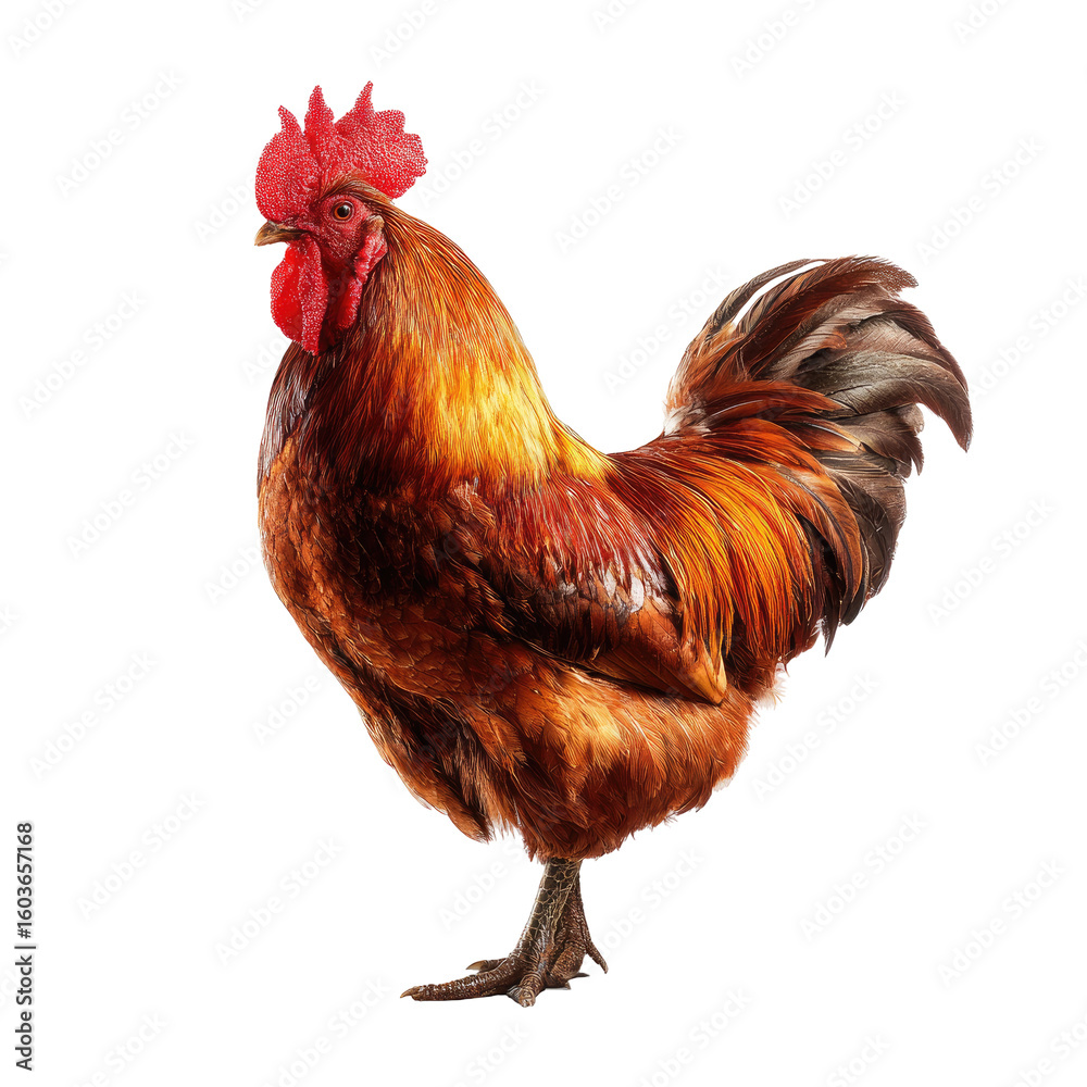 Fototapeta premium Rooster in profile, reddish-brown plumage, vibrant red comb