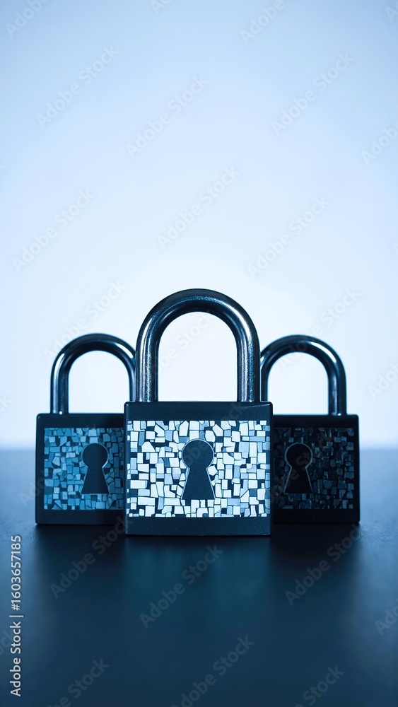 Fototapeta premium A shiny silver padlock stands upright with its shackle raised, indicating it's open. The metal surface reflects light, showcasing intricate details.