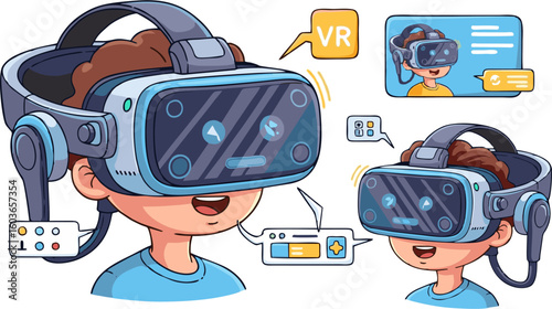 Cartoon boys wearing VR headsets with speech bubbles and virtual interface