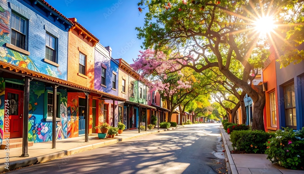 Fototapeta premium Colorful street lined with vibrant buildings under a bright sun