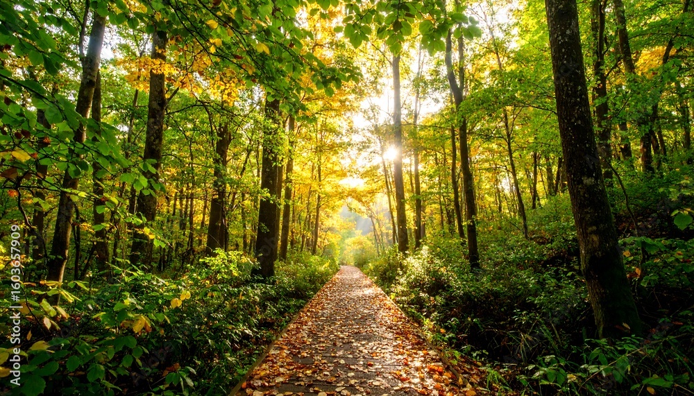 Autumn path through a sunlit forest Autumn path through a sunlit forest