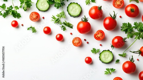Fresh tomatoes, cucumber slices, and herbs on white background with copy space
