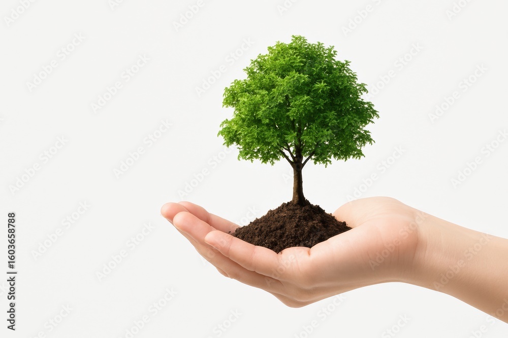 Business carbon credit. A hand supports a small tree growing from soil, symbolizing care and nurturing nature. Business carbon credit. A hand supports a small tree growing from soil, symbolizing care and nurturing nature.