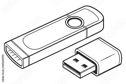 Isometric View of a Detached USB Flash Drive Connector and Memory Stick in Simple Black and White Line Art