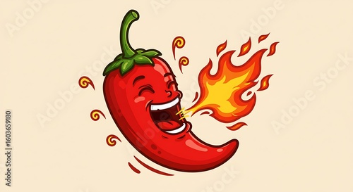 Cartoon Red Chili Pepper Character with Fire Breath on Beige Background