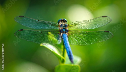 Close-up of a vibrant blue dragonfly