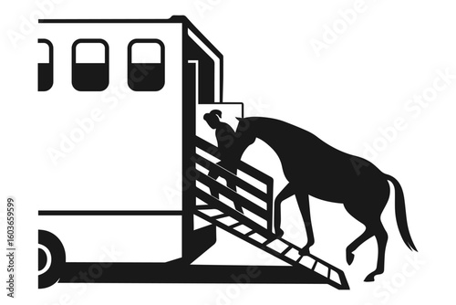 Horse walking up ramp into trailer led by woman in black and white vector illustration