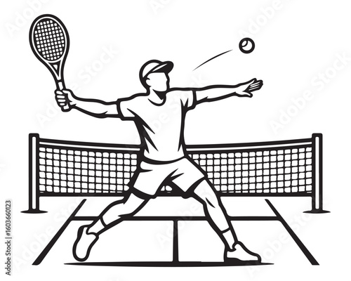 Tennis Player Serving Ball Over Net Vector Illustration