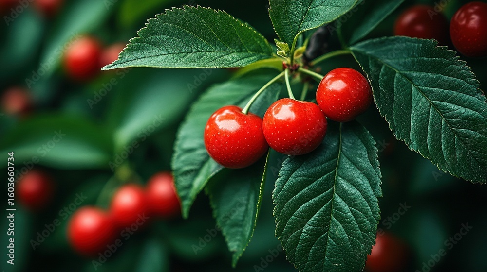 Fototapeta premium Close-up view of ripe cherries on a branch.