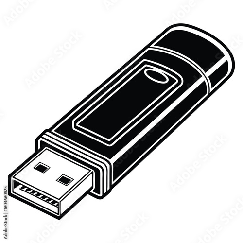 Sleek Black and White USB Drive Illustration for Data Storage and Portable Computing Accessories