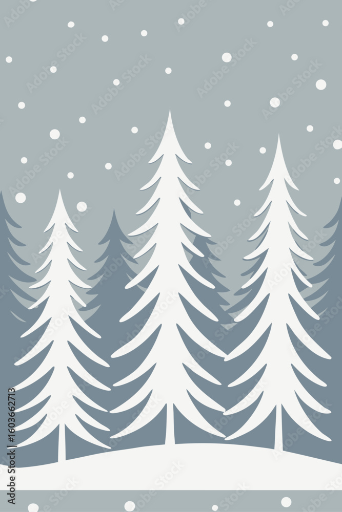 Fototapeta premium Snowy evergreen forest with falling snowflakes winter trees