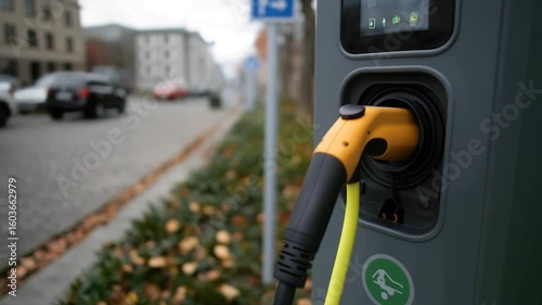 Wallpaper Mural Electric Vehicle Charging Station with Yellow Cord on Street Torontodigital.ca